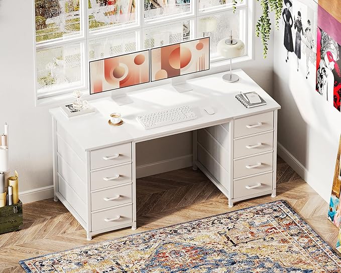 Casaottima 48 Inches Computer Desk with 8 Fabric Drawers, Modern Office Desk with Large Storage for Home Office, Study, White