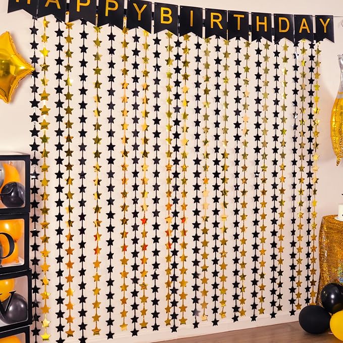 LOLStar Black and Gold Star Birthday Party Decorations 2Pack 3.3X6.6 ft Golden Photo Booth Props Backdrop Streamers Star Foil Fringe Curtains for New Year 2026 Decor Men Black Yellow Party Supplies