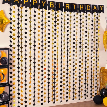LOLStar Black and Gold Star Birthday Party Decorations 2Pack 3.3X6.6 ft Golden Photo Booth Props Backdrop Streamers Star Foil Fringe Curtains for New Year 2026 Decor Men Black Yellow Party Supplies