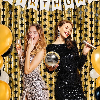 LOLStar Black Stars Birthday Decorations for New Years Eve 2026 Men Boy 2Pack 3.3X6.6ft Each Black Backdrop Star Foil Fringe Curtains for Happy to My 20s Party Supplies nye Streamers Graduation Decor