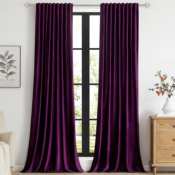 PRIMROSE Purple Velvet Curtains 96 inch Long for Living Room,Set of 2 Panels Blackout Rod Pocket Back Tab Window Treatment Room Darkening Heavy Decorative Curtains Drapes for Bedroom