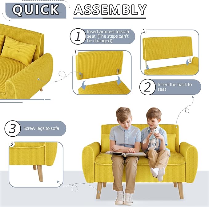 Shintenchi 47" Small Modern Loveseat Couch Sofa, Fabric Upholstered 2-Seat Sofa, Love Seat Furniture with 2 Pillows, Wood Leg for Small Space, Living Room, Bedroom, Apartment, Yellow