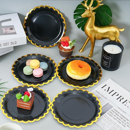 black & gold scalloped party plates with napkins and fork gold foil border, 24 Guest Black disposable Tableware Set Party Decoration for Birthday Coquette Bridal Baby Shower Valentines