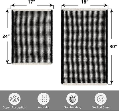 MIULEE Set of 2 Waffle Bathroom Rugs, Boho Bath Rugs Non Slip Washable, Super Absorbent Bath Mats, Ultra Soft Rubber Backed Shower Mats for Bathroom Floor, Tub, Black & Cream, 17"x24"+18"x30"