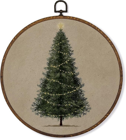 MOTERMATE Vintage Christmas Tree Wall Art Decor Round Framed, Christmas Canvas Wall Art Artwork Prints, Rustic Neutral Winter Xmas Tree Hanging Decor Decorations for Home Living Room, 10x10 Inch