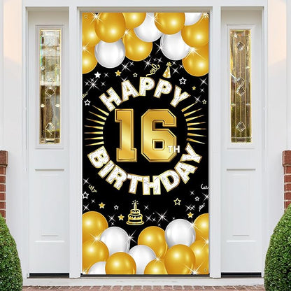Happy 16th Birthday Decorations for Boys and Girls, 16 Years Old Birthday Fabric Backdrop Banner, Sixteen Party Supplies, Photo Booth Background, Door Wall, Yard Decor for Indoor Outdoor Use