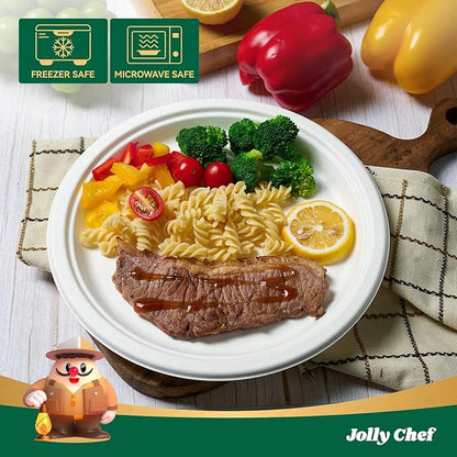 JOLLY CHEF 100% Compostable Paper Plates, 150 Pack 9 Inch Heavy Duty Plates, Disposable Biodegradable Eco-Friendly Sugarcane, Bulk White