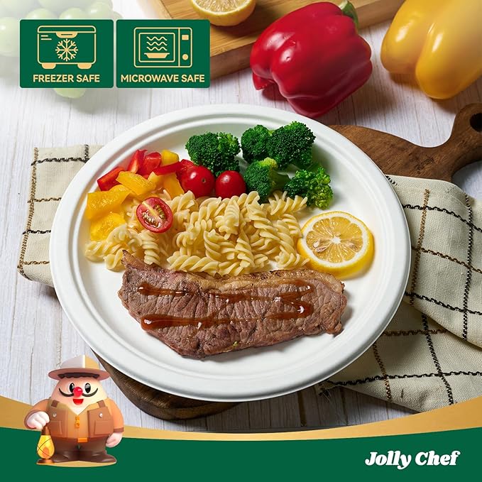 JOLLY CHEF 100% Compostable Paper Plates, 150 Pack 10 Inch Heavy Duty Plates, Disposable Biodegradable Eco-Friendly Sugarcane, Bulk White
