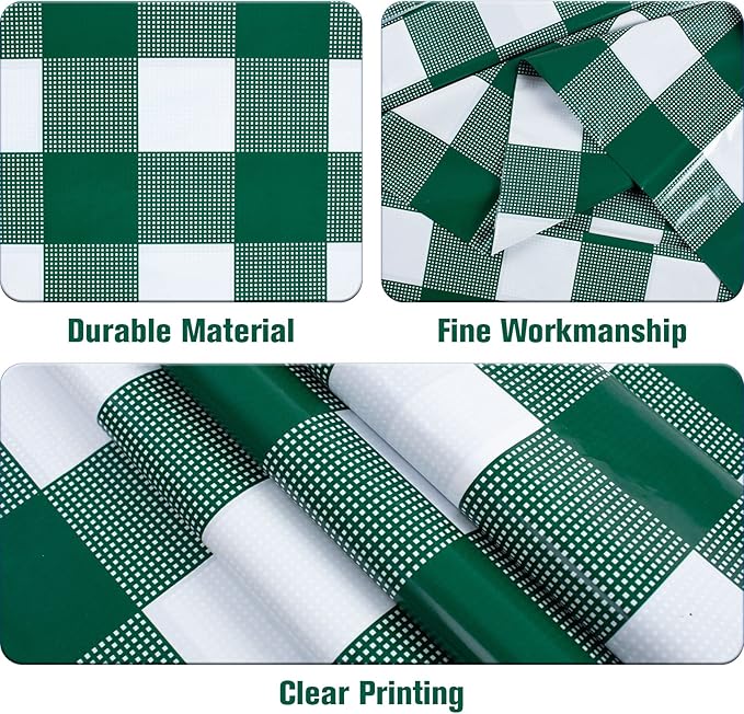 Kesfey 8 Packs Green and White Checkered Tablecovers 54 x 108 Inches Disposable Party Picnic Table Cloth SpillProof Plastic Gingham Tablecovers for Camping Decoration Party Favors