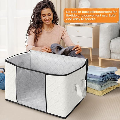 Fab totes 24 Gallons Clothes Storage, Foldable Thick Fabric Blanket Storage Bags, Containers for Organizing Bedroom, Closet, Clothing, Comforter, Organization with Handle (4 Pack,Ivory)