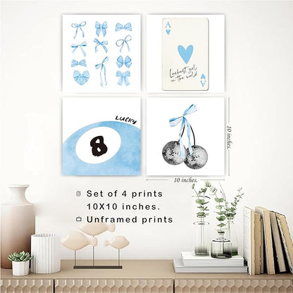 okaxscm Blue Coquette Trendy Preppy Wall Art Prints Set of 4, Coquette Room Decor, Preppy Room Decor Aesthetic, Blue Bow Disco 8 Ball Cherry Wall Decor Posters for Girls Bedroom Dorm, 10x10 Unframed