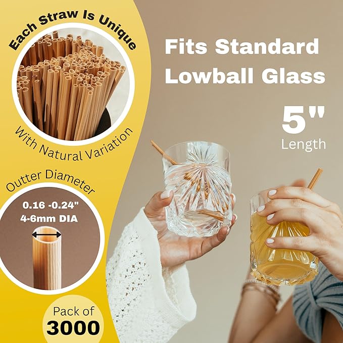 HAY! Straws® 5” Cocktail Straws | 3000ct Disposable Natural Wheat Stem Straws | Never Soggy, Neutral-Taste | 100% Biodegradable, Compostable | For Lowball Drinks and Cocktails