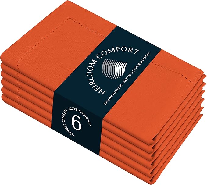 Orange Cloth Napkins 18"x18", 6 Pack - Durable, Absorbent, Soft, Reusable, Washable - Hemstitch Mitered Edges - Ideal for Dinner, Fall, Thanksgiving, Rustic Weddings, Everyday Use