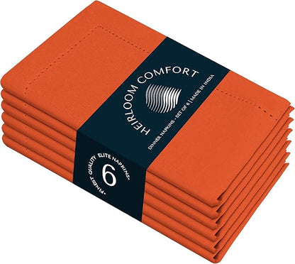 Orange Cloth Napkins 18"x18", 6 Pack - Durable, Absorbent, Soft, Reusable, Washable - Hemstitch Mitered Edges - Ideal for Dinner, Fall, Thanksgiving, Rustic Weddings, Everyday Use
