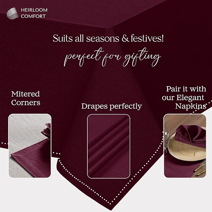 Burgundy Wine Cotton Tablecloth, Table Cover 52x70 Inch, Fits 4-6 Seats, Soft,Washable, Wrinkle Resistant, Rectangle Table Cloth for Dining, Anniversaries, Holiday Feasts, Decor
