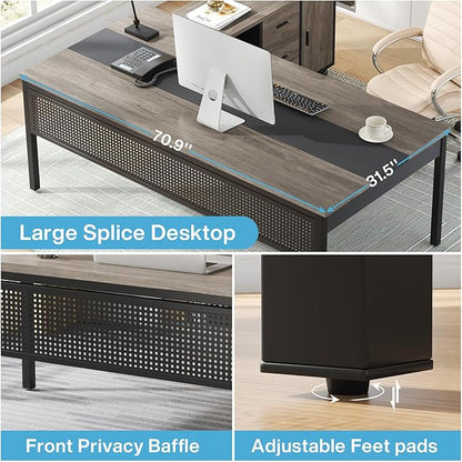 Tribesigns 71 inch Executive Desk, L-Shaped Desk with Mobile File Cabinet, Executive Office Table with 2 Drawers and Storage Shelves, Business Furniture Workstation for Home Office, Grey and Black