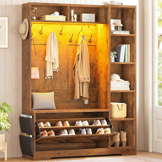Itaar Hall Tree with Bench and Shoe Storage, Farmhouse Entryway Bench with Coat Rack, Shoe Cabinet with Flip Drawers, 7 Shelves, 10 Coat Hooks, Storage Bag, Led Lights, Rustic Brown