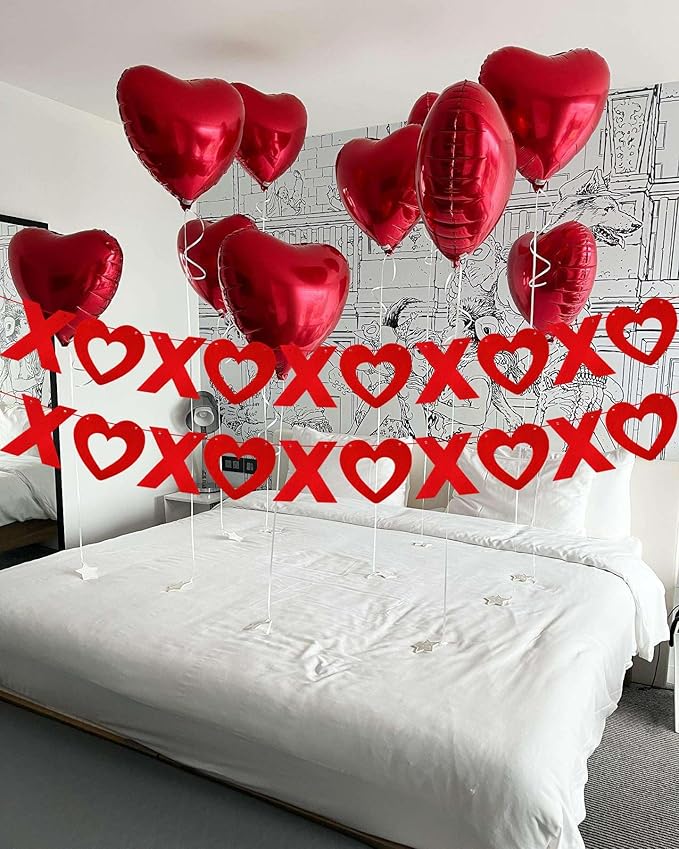 LHOAVWE 4 Pack Felt Red & Pink XOXO Heart Garland Banners, Valentines Day & Wedding Decorations, 3m/10ft Each, 5XO per Garland, Includes Ribbon Roll