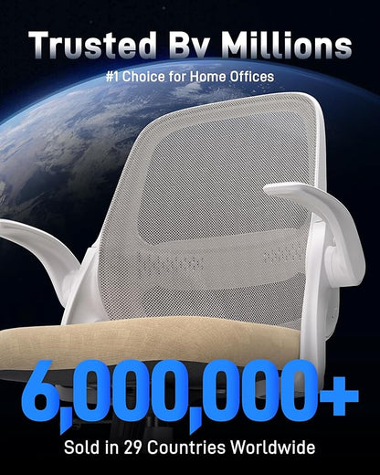 Ergonomic Mesh Office Chair for Home Office, Flip-Up Arms, Breathable Mesh Back & Thick Seat Cushion, Swivel Rolling Computer Desk Chair – BIFMA Certified, Supports 300 lbs (White Frame/Beige Seat)