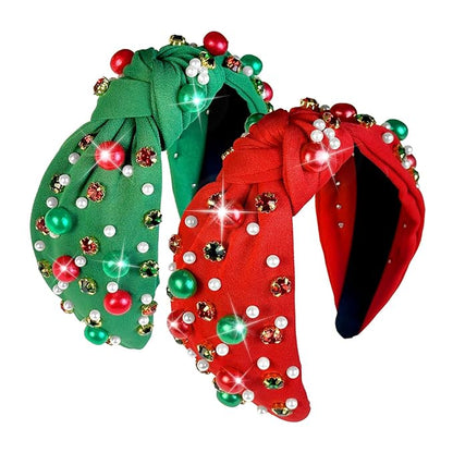 2 Pcs Christmas Headbands for Women Pearl Rhinestone Knot Headband Xmas Crystal Jeweled Hair Band Bow Wide Top Knotted Headband Christmas Hair Accessories Holiday Party Outfits(Pearl Rhinestone)