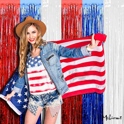 4 Pack 3.2Ft x 8.2Ft Independence Day Fringe Curtain Backdrop, Red Blue White Metallic Tinsel Foil Fringe Streamers Curtains Background for Photo Booth Birthday Wedding Carnival Party Decoration