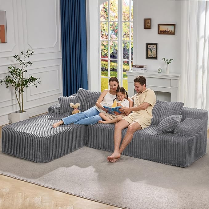 Hobestluk Modular Sectional Sofa Couches L-Shape Couch 3 Seat Modular Sofa Memory Foam Sectional Couches for Living Room, Cloud Couch with Oversized Chaise (108" Left Facing Chaise)
