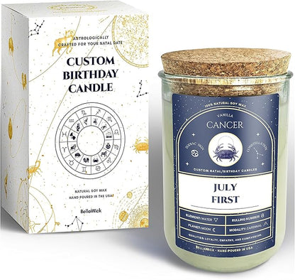 Birthday Candles - Custom Birthdate Astrological Zodiac Scented Candles. Astrology Gifts. All Natural Soy Wax. 75+ Hour Burn Time. Made in USA - July 1