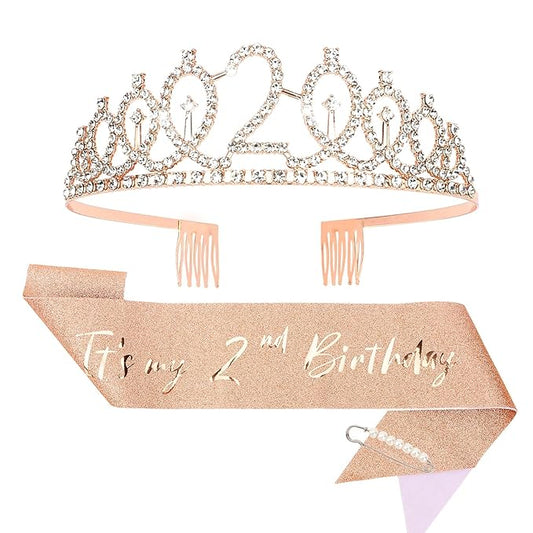 CIEHER 2nd Birthday Crown and Sash, It's My 2 Bday Sash, 2nd Birthday Decorations Rose Gold