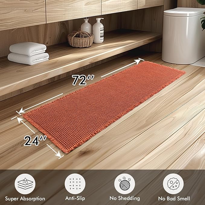 MIULEE Orange Set of 2 Waffle Bathroom Runner Rugs, Boho Bath Rug Non Slip Washable, Super Absorbent Runner Bath Mats, Rubber Backed Shower Mat for Hallway Bedroom Laundry Room, 2'x6'(24x72 Inch)