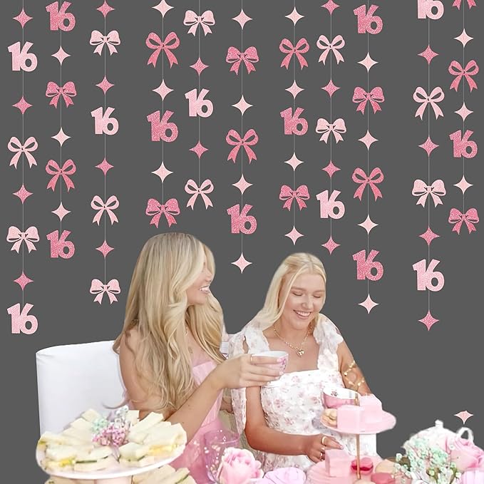 Glitter Pink 16th Bow Birthday Decorations Hot Pink Conquette Bow Garland Streamer Banner Backdrop for Girls Boys Happy 16th Birthday Sweet Sixteen Cheers to 16 Years Old Anniversary Party Supplies