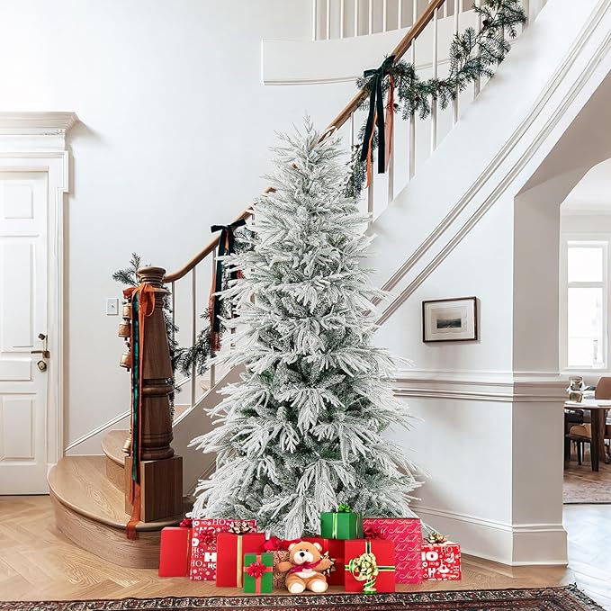 GOFLAME 6FT Pre-lit Artificial Christmas Tree, Snow Flocked Hinged Xmas Tree with 250 Warm White LED Lights, 594 Branch Tips and Folding Metal Stand, Holiday Decoration Tree for Home Party