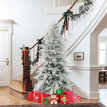 GOFLAME 6FT Pre-lit Artificial Christmas Tree, Snow Flocked Hinged Xmas Tree with 250 Warm White LED Lights, 594 Branch Tips and Folding Metal Stand, Holiday Decoration Tree for Home Party