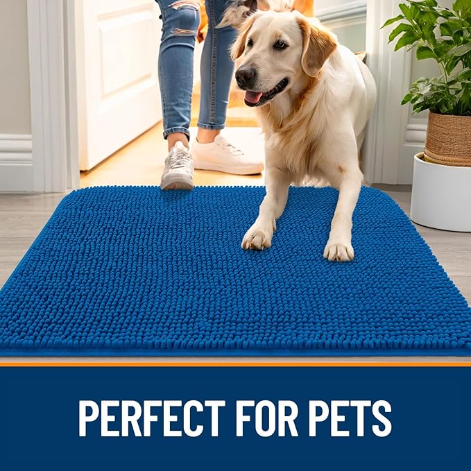 OLANLY Dog Door Mat for Muddy Paws 59x32, Absorbs Moisture and Dirt, Absorbent Non-Slip Washable Doormat, Quick Dry Chenille Mud Mat, Entry Indoor Entryway Carpet for Inside Floor, Deep Navy Blue