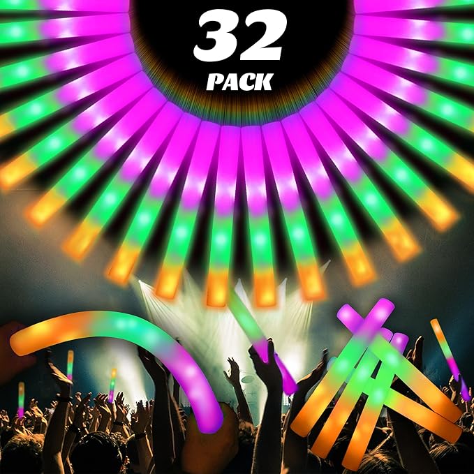 32 Packs Halloween Glow in the Dark Party Supplies Pack, 16 inch Foam Glow Sticks Bulk, 3 Color LED Light Foam Sticks, Glow in The Dark Party Supplies, 3 Modes Colorful Flashing for Halloween Party