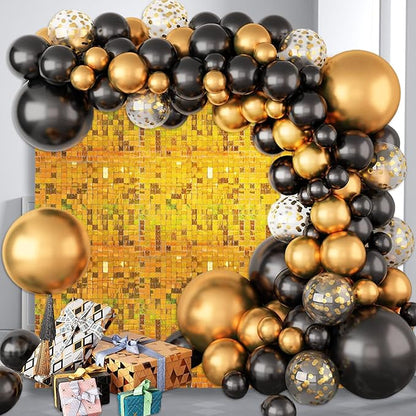 48 PCS Gold Shimmer Wall Backdrop, Laser Square Sequin Photo Backdrops Panel, Glitter Wall Background for Birthdays, Weddings, Halloween, Engagements, Disco Bachelorette Party Decoration (6FTx8FT)