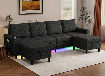 Smart Sectional Couches for Living Room, 6 Seat U/L Shaped Sectional Sofa with RGB Light/Charging, Modern Living Room Furniture for Apartments/Office/More (Black)