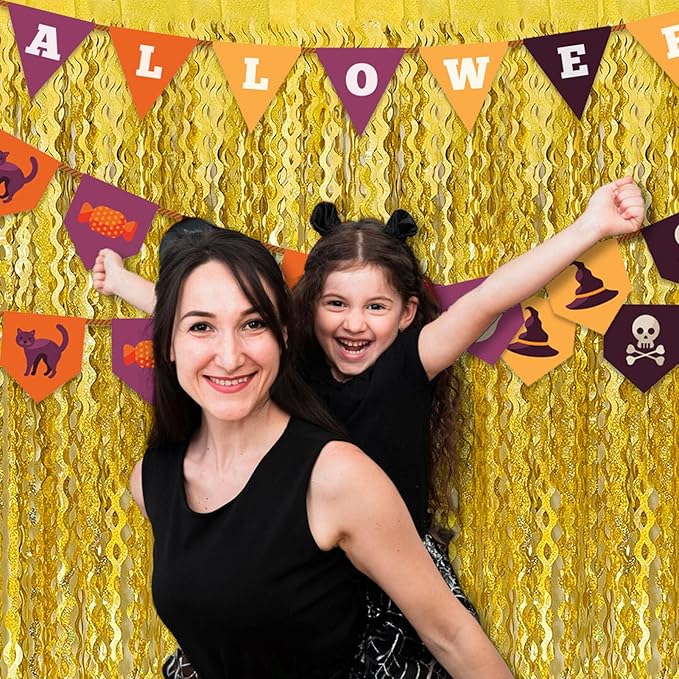 4 Pack Gold Fringe Curtain Backdrop 3.2Ft x 8.2Ft Metallic Tinsel Foil Fringe Streamers Background for Photo Booth, Easter, Mother's Day, Bachelorette, Wedding, Birthday Party Decoration