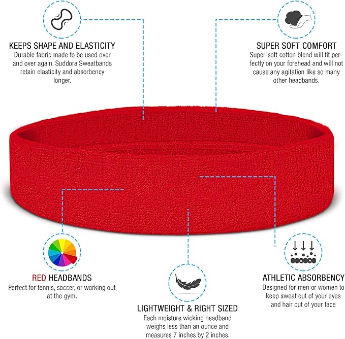 Suddora Workout Headband for Men and Women, Moisture-Wicking Athletic Sweatband, Lightweight Cotton Terry Cloth Bands for Basketball, Tennis, Football, Gym, Running, Cosplay & Costumes