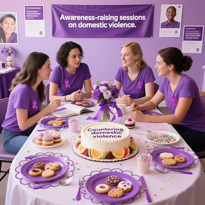 100 Pcs Domestic Violence Awareness Products 13.5" Scalloped Purple Ribbon Paper Placemats Disposable Alzheimer’s Pancreatic Cancer Awareness Products for Charity Public Social Event Party Supplies