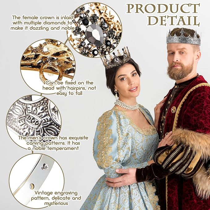 Sureio 2 Pcs King and Queen Crowns Set Antique Baroque Royalty Tiaras Costume Accessories for Halloween Couple Cosplay, Birthday Wedding Prom Party(Gothic Style)