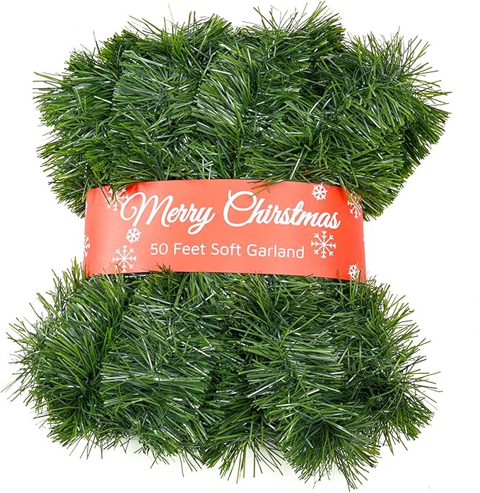 50 Foot Soft Christmas Garland, Non-lit Christmas Garland Ideal for Indoor and Outdoor Decor, Green Tinsel Garland for Holiday Wedding Party Decoration