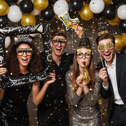 New Year Party Favors 2026, 98PCS Happy New Year Decorations & New Years Eve Party Supplies Set with Headbands, Glasses, Hats, Noise Makers, Photo Booth Props, Frame, Black Gold Party Kit