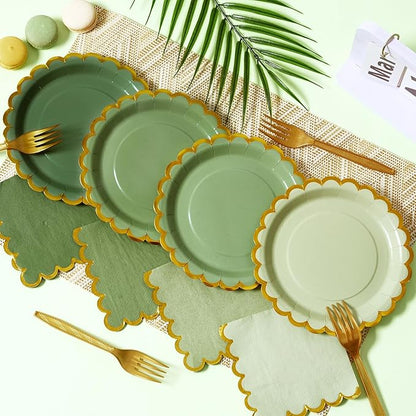 Green mix scalloped party plates with napkins and fork gold foil border, 24 Guest disposable Tableware Set Sage Green Party Decoration for Birthday Coquette Bridal Baby Shower Valentines