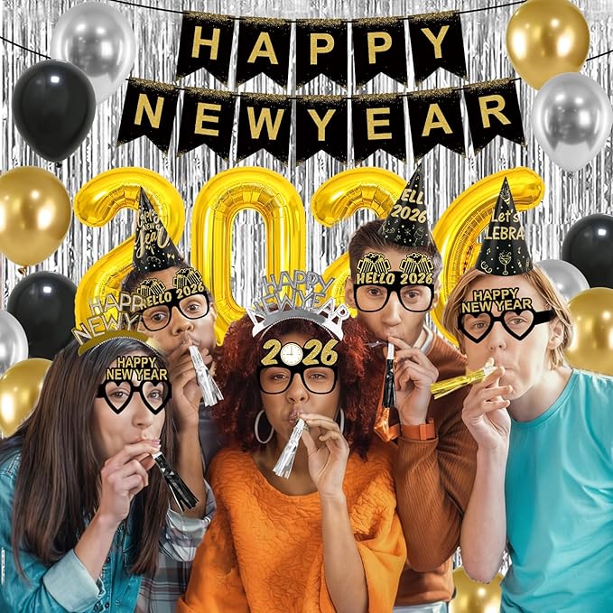 New Years Eve Party Supplies 2026 New Years Decorations Happy New Year Banner 2026 Balloons Hats Glasses Tiaras Squawkers Fringe Curtains for Party Decor Photo Props