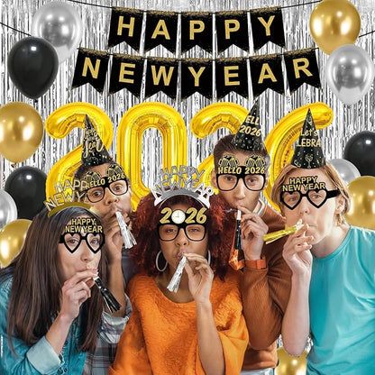 New Years Eve Party Supplies 2026 New Years Decorations Happy New Year Banner 2026 Balloons Hats Glasses Tiaras Squawkers Fringe Curtains for Party Decor Photo Props
