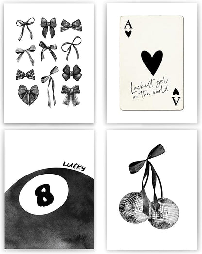 okaxscm Black Coquette Trendy Preppy Wall Art Prints Set of 4, Coquette Room Decor, Preppy Room Decor Aesthetic, Black Bow Disco 8 Ball Cherry Wall Decor Posters for Girls Bedroom Dorm, 12x16 Unframed
