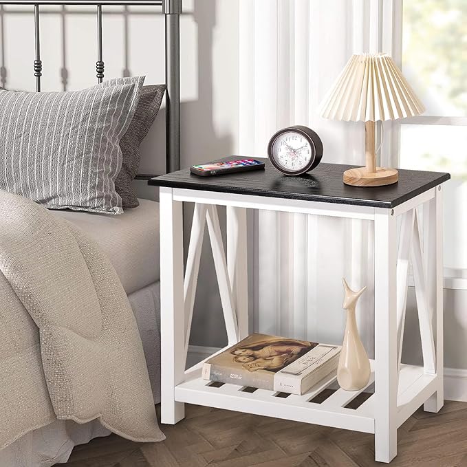 Farmhouse End Side Table Wood Frame Narrow Side Table with Shelves Black White Rectangular Night Stand Sofa Table for Couch, Small Spaces, Living Room, Bedroom