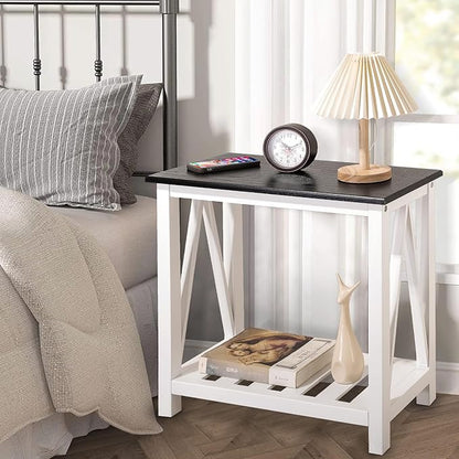 Farmhouse End Side Table Wood Frame Narrow Side Table with Shelves Black White Rectangular Night Stand Sofa Table for Couch, Small Spaces, Living Room, Bedroom