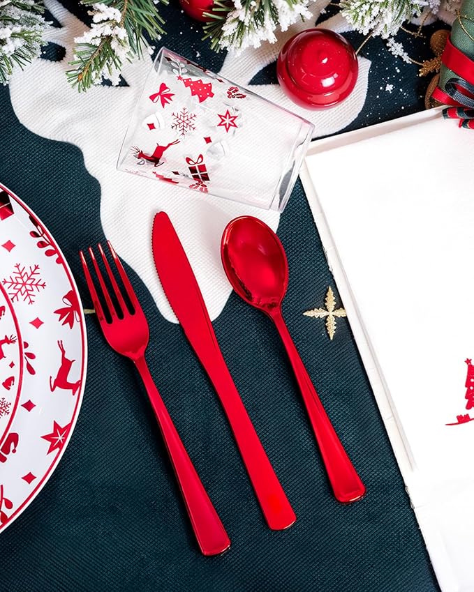 Ciaell 175PCS Christmas Plastic Plates - Red Plastic Plates - Christmas Disposable Dinnerware Sets Include 50Plates, 75Silverware, 25 Cups and 25Napkins for Xmas Parties