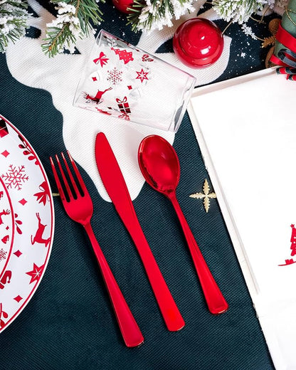 Ciaell 175PCS Christmas Plastic Plates - Red Plastic Plates - Christmas Disposable Dinnerware Sets Include 50Plates, 75Silverware, 25 Cups and 25Napkins for Xmas Parties